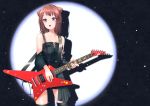  1girl :o absurdres bang_dream! bangs bare_shoulders black_background black_dress black_legwear black_sleeves breasts brown_hair cable collarbone commentary_request cowboy_shot detached_sleeves dress drop_shadow electric_guitar esp_guitars eyebrows_visible_through_hair frilled_dress frills guitar hair_ornament highres holding holding_instrument instrument looking_at_viewer medium_breasts medium_hair music nishinomiya_suzu open_mouth parody playing_instrument purple_eyes sidelocks solo spotlight standing star star_hair_ornament strapless strapless_dress thighhighs tokyo_jihen toyama_kasumi upper_teeth 