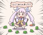  1girl carrot chibi emphasis_lines flying_sweatdrops green_pepper hikawa_kyouka kurororo_rororo long_hair pink_eyes pointy_ears princess_connect! princess_connect!_re:dive purple_hair translated twintails 