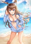  1girl :d absurdres amiya_(arknights) animal_ears arknights bangs beach bikini blue_bikini blue_choker blue_eyes blue_jacket blue_sky blush brown_hair bunny_ears choker cloud commentary_request day eyebrows_visible_through_hair feet_out_of_frame hair_between_eyes hand_in_hair hand_on_hip hand_up highres hood hooded_jacket jacket leaning_forward long_hair long_sleeves looking_at_viewer navel ocean open_mouth outdoors sky smile solo standing stomach striped striped_bikini swimsuit thighs very_long_hair water water_drop zeroillya 