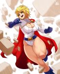  1girl absurdres artist_name belt blonde_hair blue_eyes blue_footwear blue_gloves breasts cape cleavage cleavage_cutout commentary curvy dc_comics debris gloves highres jmg large_breasts leotard power_girl red_cape short_hair signature smile solo thick_thighs thighs western_comics white_leotard 
