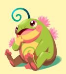  :d commentary creature english_commentary frog full_body gen_2_pokemon happy highres no_humans open_mouth pokemon pokemon_(creature) politoed shadow simple_background sitting smile solo tonestarr yellow_background 