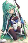  1girl absurdres bangs breasts chest_jewel cleavage eyebrows_visible_through_hair full_body gloves green_eyes green_hair highres holding holding_weapon jewelry kiiro_kimi kneeling large_breasts long_hair pneuma_(xenoblade_2) ponytail simple_background smile solo swept_bangs thighhighs tiara very_long_hair weapon xenoblade_(series) xenoblade_2 