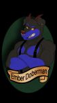  9:16 anthro badge canid canine canis clothed clothing demon digital_media_(artwork) dobermann domestic_dog ember_doberman facial_piercing gangster hi_res male mammal mr.morgans muscular muscular_male necktie nose_piercing nose_ring piercing pinscher simple_background solo standing suspenders text topless vintage 