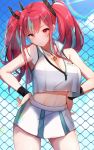  1girl alternate_hair_color aqua_hair azur_lane bangs bare_shoulders blue_sky bow breasts bremerton_(azur_lane) bremerton_(scorching-hot_training)_(azur_lane) chain-link_fence cloud commentary_request cowboy_shot crop_top day fence goroo_(eneosu) hair_between_eyes hair_bow hair_ornament hairclip heart heart_necklace highres large_breasts long_hair midriff multicolored_hair navel no_mole outdoors pink_eyes pink_hair shirt sky sleeveless sleeveless_shirt standing streaked_hair sunlight thighs twintails two-tone_hair two-tone_shirt two-tone_skirt x_hair_ornament 