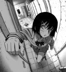  1girl arm_up bag bangs bathroom blush bow bowtie breasts clenched_hands commentary_request door dutch_angle embarrassed faucet fisheye full_body greyscale hair_ornament hairclip have_to_pee highres indoors jacket kneehighs knocking leg_up locker long_sleeves looking_up miniskirt mirror monochrome omao original parted_lips pleated_skirt school_uniform shirt shoe_removed shoes short_hair single_shoe sink skirt small_breasts solo standing standing_on_one_leg striped striped_neckwear sweat tears teeth trash_can 