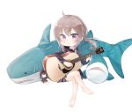  1girl absurdres barefoot brown_hair elanore girls_frontline guitar highres ikea_shark instrument m200_(girls_frontline) medium_hair purple_eyes solo stuffed_animal stuffed_shark stuffed_toy 