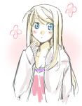  1girl arm_at_side blonde_hair blue_eyes blush blush_stickers breasts cleavage collarbone expressionless eyebrows_visible_through_hair eyelashes floral_background flower fullmetal_alchemist gradient gradient_background hand_up jacket long_hair looking_to_the_side open_clothes open_jacket parted_lips pink_background pink_flower pink_shirt riarashu shirt simple_background sleeves_past_wrists solo straight_hair upper_body white_background white_jacket winry_rockbell 