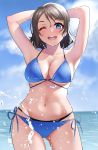  1girl ;d arms_behind_head arms_up ass_visible_through_thighs bikini black_bikini blue_bikini blue_eyes blurry blurry_background blush breasts cleavage cloud cloudy_sky collarbone cowboy_shot day highres horizon igarashi_kyouhei looking_at_viewer love_live! love_live!_sunshine!! navel one_eye_closed open_mouth outdoors short_hair side-tie_bikini skindentation sky smile solo swimsuit underboob upper_teeth watanabe_you water water_drop wet 