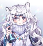  1girl animal_ear_fluff animal_ears arknights bangs bell blush braid commentary_request dress eyebrows_visible_through_hair gradient gradient_background grey_background grey_eyes hair_between_eyes hand_up head_chain hibarisann highres holding holding_bell leopard_ears long_hair looking_at_viewer parted_lips partial_commentary pramanix_(arknights) silver_hair solo turtleneck_dress twin_braids upper_body white_background white_dress 