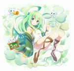  &gt;_&lt; 1girl :d ahoge aqua_eyes bell blush blush_stickers character_request clover commentary_request four-leaf_clover full_body green_hair highres last_period neru_(neruneruru) open_mouth smile solo translation_request wings xd 