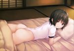 1girl absurdres aoyama_sumika ass bangs black_hair blanket breasts brown_eyes closed_mouth coffee-kizoku futon highres indoors leotard looking_at_viewer lying medium_breasts on_stomach original pillow scan shiny shiny_hair short_hair short_sleeves solo tatami thighs 