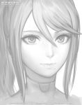  bangs bodysuit closed_mouth english_commentary face greyscale hair_between_eyes high_ponytail long_hair looking_at_viewer marfrey metroid mole mole_under_mouth monochrome samus_aran sidelocks sketch super_smash_bros. swept_bangs zero_suit 