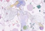  1other androgynous arm_at_side bangs blue_hair closed_mouth flower golden_arms green_flower green_rose highres holding holding_flower houseki_no_kuni long_sleeves looking_at_viewer lying necktie on_back pale_skin petals phosphophyllite phosphophyllite_(ll) puffy_long_sleeves puffy_sleeves purple_flower purple_rose red_flower red_rose rose see-through short_hair silver_eyes solo sunfish263 upper_body white_neckwear 