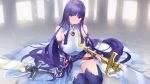  1girl alondite altina arm_guards bangs blue_eyes breasts cait closed_mouth dress elbow_gloves eyebrows_visible_through_hair fingerless_gloves fire_emblem fire_emblem:_radiant_dawn fire_emblem_heroes gloves highres holding holding_sword holding_weapon large_breasts lips long_hair purple_gloves purple_hair purple_legwear ragnell sitting sleeveless sleeveless_dress solo sword thighhighs torn_clothes very_long_hair weapon 