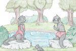  2013 after_transformation anthro black_body black_fur black_hair blue_eyes blush breasts clothed clothing colored_pencil_(artwork) detailed_background duo female fur grass hair hi_res lutrine male mammal mustelid one-piece_swimsuit outside plant plushie pond rainbowraven red_clothing rock semi-anthro shrub small_breasts standing swimming_trunks swimwear traditional_media_(artwork) tree 