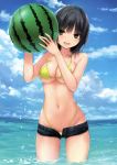  1girl :d absurdres aoyama_sumika ball bangs bare_arms bare_shoulders beachball bikini bikini_under_clothes black_hair blue_shorts blue_sky blush breasts brown_eyes cleavage cloud cloudy_sky coffee-kizoku collarbone cowboy_shot day eyebrows_visible_through_hair food fruit groin hair_between_eyes hands_up highleg highleg_bikini highleg_swimsuit highres holding holding_ball holding_food holding_fruit horizon looking_at_viewer medium_breasts medium_hair micro_shorts navel ocean open_clothes open_fly open_mouth open_shorts original outdoors scan shorts sky smile solo sparkle standing swimsuit wading water watermelon wet yellow_bikini yellow_eyes 