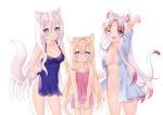  3girls :&lt; :o ;d animal_ear_fluff animal_ears arm_behind_back arm_up artist_name bangs bare_arms bare_shoulders blonde_hair blue_eyes blue_shirt blush braid breasts cat_ears cat_girl cat_tail cleavage closed_mouth commentary dress english_commentary eyebrows_visible_through_hair glasses groin hair_between_eyes highres long_hair medium_breasts multicolored_hair multiple_girls naked_shirt natsumii_chan navel one_eye_closed open_clothes open_mouth open_shirt original parted_bangs parted_lips pink_dress purple_dress purple_eyes red_hair round_eyewear see-through see-through_silhouette shirt short_sleeves side_slit silver_hair simple_background sleeveless sleeveless_dress sleeves_rolled_up smile standing strap_slip streaked_hair tail tail_raised very_long_hair white_background 