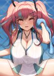  1girl azur_lane bangs bare_shoulders blue_towel bow breasts bremerton_(azur_lane) bremerton_(scorching-hot_training)_(azur_lane) commentary crop_top eyebrows_visible_through_hair eyelashes greem_bang grey_hair hair_between_eyes hair_bow hair_ornament hairclip heart heart_necklace highres large_breasts light light_particles long_hair looking_at_viewer motion_lines multicolored_hair outdoors pink_eyes pink_hair see-through shirt sleeveless sleeveless_shirt solo spread_legs streaked_hair sunlight towel twintails two-tone_hair two-tone_shirt x_hair_ornament 