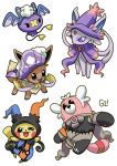  bear bewear black_eyes chandelure chandelure_(cosplay) clothed_pokemon commentary cosplay drifblim drifblim_(cosplay) drifloon dusclops dusclops_(cosplay) eevee english_commentary espeon gen_1_pokemon gen_2_pokemon gen_3_pokemon gen_4_pokemon gen_7_pokemon halloween hat hatted_pokemon highres looking_at_viewer mismagius mismagius_(cosplay) one_eye_closed pikachu pinkgermy pokemon purple_eyes signature simple_background standing standing_on_one_leg white_background zubat zubat_(cosplay) 