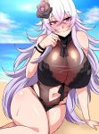  1girl azur_lane bare_shoulders beach black_flower black_swimsuit blue_sky blush breasts eyebrows eyebrows_visible_through_hair flower graf_zeppelin_(azur_lane) graf_zeppelin_(beachside_urd)_(azur_lane) hair_flower hair_ornament highleg highleg_swimsuit long_hair looking_at_viewer megane_man navel navel_cutout ocean red_eyes sand see-through sidelocks silver_hair sky swimsuit thighs 