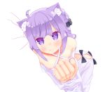  1girl absurdres ahoge animal_ears arm_holding azur_lane bangs bite_mark blush cat_ears closed_mouth dress elbow_gloves gloves highres hujikok interlocked_fingers kemonomimi_mode looking_at_another looking_at_viewer pout purple_eyes purple_hair saliva simple_background solo_focus unicorn_(azur_lane) white_background white_dress white_gloves 