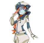  1girl amamo_(pokemon) braid closed_mouth commentary cowboy_shot english_commentary flat_chest happy helmet highres long_hair looking_at_viewer orange_hair pinkgermy pokemon pokemon_(game) pokemon_usum signature simple_background smile solo tied_hair white_background 