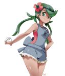  1girl asymmetrical_bangs bangs breasts closed_mouth commentary dark_skin english_commentary green_eyes green_hair happy highres holding holding_poke_ball long_hair looking_at_viewer mao_(pokemon) pinkgermy poke_ball pokemon pokemon_(game) pokemon_sm signature simple_background small_breasts smile solo standing twintails white_background 