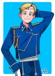  1boy 3amta alphonse_elric alternate_costume amestris_military_uniform arm_at_side arm_up black_outline blonde_hair blue_background blue_jacket blue_pants blush border closed_mouth collared_jacket eyebrows_visible_through_hair fullmetal_alchemist gloves hand_behind_head happy jacket looking_at_viewer male_focus military military_uniform outline pants shaded_face signature simple_background smile standing uniform upper_body white_background white_border white_gloves yellow_eyes 