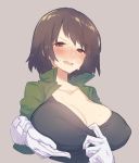 1boy 1girl blush breasts brown_hair chara_(undertale) closed_mouth gloves huge_breasts open_mouth oshiruko_(tsume) shirt short_hair simple_background underswap undertale white_gloves 
