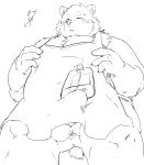  2020 anthro apron balls blush clothing erection erection_under_clothing eyes_closed genitals hi_res humanoid_hands kemono male mammal monochrome okoge_16 overweight overweight_male penis simple_background solo ursid white_background 