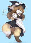  &lt;3 absurd_res anthro canid canine clothed clothing cookie☆ cyan_background female fox hat headgear headwear hi_res japanese_text kemono looking_at_viewer mammal rakkaon solo suzu_(cookie) text tongue tongue_out upskirt walking witch_hat young 