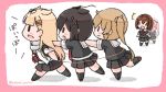  5girls ahoge bangs black_legwear black_skirt blonde_hair blush border brown_hair chibi commentary_request hair_flaps hair_ornament hair_ribbon harusame_(kantai_collection) kantai_collection light_brown_hair long_hair multiple_girls murasame_(kantai_collection) open_mouth pink_border pink_hair pleated_skirt poipoi_purin ponytail red_neckwear remodel_(kantai_collection) ribbon sailor_collar scarf school_uniform serafuku shigure_(kantai_collection) shiratsuyu_(kantai_collection) short_hair short_sleeves simple_background skirt smile thighhighs translation_request twintails white_background white_scarf yuudachi_(kantai_collection) 