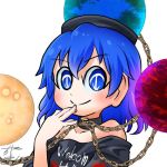  1girl avatar_icon black_shirt blue_eyes blue_hair chain chamaji clothes_writing collar commentary earth_(ornament) eyebrows_visible_through_hair hair_between_eyes hand_to_own_mouth hecatia_lapislazuli hecatia_lapislazuli_(earth) looking_at_viewer lowres moon_(ornament) off-shoulder_shirt off_shoulder polos_crown shirt signature solo t-shirt touhou upper_body white_background 