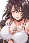  1girl arm_tattoo azur_lane baltimore_(azur_lane) baltimore_(black_ace)_(azur_lane) bangs bare_shoulders black_jacket braid breasts brown_hair chest_tattoo choker collarbone commentary_request flower_tattoo forest_(4423) hair_between_eyes highres jacket large_breasts medium_hair midriff off-shoulder_jacket off_shoulder shoulder_tattoo smile sports_bra tattoo white_sports_bra yellow_eyes 