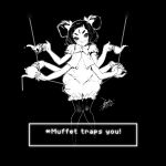  1girl black_hair cup ejami english_text extra_arms extra_eyes fangs greyscale insect_girl looking_at_viewer monochrome monster_girl muffet open_mouth short_hair smile solo spider_girl teacup teapot two_side_up undertale 