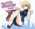  1girl ;) bangs black_footwear blonde_hair blue_dress blue_eyes braid character_name china_dress chinese_clothes closed_mouth commentary cup darjeeling_(girls_und_panzer) dated dress eyebrows_visible_through_hair flats floating floral_print girls_und_panzer happy_birthday high_collar holding holding_cup holding_saucer looking_at_viewer medium_dress notice_lines one_eye_closed oosaka_kanagawa print_dress saucer short_hair side_slit sleeveless sleeveless_dress smile solo teacup tied_hair twin_braids 