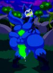  2020 animal_genitalia animal_penis anthro anus balls big_butt black_body black_fur blue_body blue_fur bodily_fluids butt canid canine canine_penis canis cheese_cake cum eerie_(telemonster) forest fur genital_fluids genitals glowing glowing_anus glowing_eyes glowing_genitalia grass green_anus green_penis green_tongue hi_res knot looking_at_viewer male mamal mammal monster night penis perineum presenting presenting_anus presenting_hindquarters presenting_penis sky solo spread_butt spreading telemonster thick_thighs tongue tree wolf 