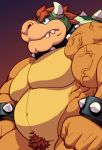  analon_(artist) anthro biceps bowser bracelet collar eyebrows gradient_background hair horn jewelry koopa male mario_bros mostly_nude muscular muscular_male nintendo pubes red_hair scalie shell simple_background solo spiked_bracelet spiked_collar spiked_shell spikes teeth vein video_games 