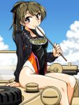  1girl bangs black_ribbon black_shirt black_swimsuit blue_sky brown_eyes brown_hair closed_mouth cloud cloudy_sky collared_shirt commentary competition_swimsuit day emblem english_text eyebrows_visible_through_hair girls_und_panzer hair_ribbon holding japanese_tankery_league_(emblem) long_sleeves looking_at_viewer medallion medium_hair on_vehicle one-piece_swimsuit oosaka_kanagawa open_clothes open_shirt outdoors ponytail ribbon shirt sign sitting sky smile solo swimsuit takashima_remi 