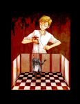  1boy alphonse_elric apron armor artist_request black_background black_border blonde_hair border buttons character_doll checkered checkered_floor closed_eyes closed_mouth collarbone collared_shirt dress_shirt floor full_armor fullmetal_alchemist gradient gradient_background hands_up head_tilt holding light_smile male_focus puppet puppet_strings red_background shaded_face shirt simple_background sleeves_rolled_up source_request standing symbolism upper_body wall white_shirt 