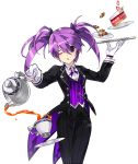 1girl ;o aisha_(elsword) black_pants bow butler cowboy_shot cup dress_shirt elsword hair_between_eyes hair_bow holding holding_plate long_hair mow1337 one_eye_closed pants plate purple_bow purple_eyes purple_hair shiny shiny_hair shirt solo standing striped teacup teapot transparent_background twintails vertical-striped_pants vertical_stripes white_shirt 