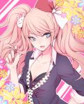  0aoiurn0 1girl :d black_bra black_jacket blonde_hair blue_eyes bow bra breasts bunny_hair_ornament cleavage danganronpa danganronpa_1 enoshima_junko freckles hair_bow hair_ornament hair_twirling ikusaba_mukuro jacket long_hair nail_polish necktie open_mouth print_neckwear red_nails small_breasts smile solo twintails underwear upper_body very_long_hair white_neckwear 