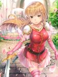  1girl blonde_hair brown_eyes cherry_blossoms collarbone elbow_gloves fire_emblem fire_emblem:_seisen_no_keifu floating_hair gloves haru_(nakajou-28) holding holding_sword holding_weapon lachesis_(fire_emblem) long_hair looking_at_viewer miniskirt nintendo outdoors pink_gloves pink_legwear pink_skirt sheath shiny shiny_hair shoulder_armor skirt smile solo spaulders standing sword thighhighs unsheathed very_long_hair weapon zettai_ryouiki 
