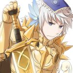  1boy alternate_color armor bangs black_eyes blue_wings book book_on_head breastplate closed_mouth commentary_request expressionless gauntlets gold_armor grey_hair head_wings holding holding_sword holding_weapon looking_at_viewer male_focus natsuya_(kuttuki) object_on_head pauldrons petite_(ragnarok_online) ragnarok_online rideword_(ragnarok_online) rune_knight_(ragnarok_online) short_hair shoulder_armor simple_background solo_focus spiked_pauldrons sword upper_body weapon white_background wings 