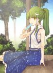  1girl blue_skirt collared_shirt detached_sleeves food frog_hair_ornament green_eyes green_hair hair_ornament hair_tubes japanese_clothes kochiya_sanae long_hair long_skirt looking_at_viewer miko nontraditional_miko popsicle sarashi shirt skirt sleeveless sleeveless_shirt snake_hair_ornament touhou urin veranda white_legwear white_shirt 