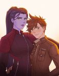  2girls alternate_costume blush brown_hair couple ear_piercing freckles happy highres jacket long_hair multiple_girls overwatch piercing purple_hair purple_skin robohero short_hair simple_background smile spiked_hair tracer_(overwatch) widowmaker_(overwatch) yuri 