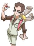  1boy backpack bag belt brown_hair commentary english_commentary frown glasses green_eyes holding holding_poke_ball looking_at_viewer male_focus pinkgermy pocket poke_ball poke_ball_(generic) pokemon real_life ruine_maniac shorts signature simple_background sleeves_rolled_up standing white_background white_shorts 