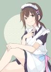  1girl alternate_costume apron brown_hair dated enmaided eyebrows_visible_through_hair fubuki_(kantai_collection) green_eyes hiroi09 kantai_collection looking_at_viewer low_ponytail maid maid_apron maid_headdress ponytail signature sitting smile solo 