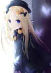  1girl abigail_williams_(fate/grand_order) absurdres backlighting bangs black_bow black_dress black_headwear blonde_hair blue_eyes bow breasts bug butterfly dress fate/grand_order fate_(series) forehead hair_bow hat highres insect long_hair looking_at_viewer multiple_bows negi_0712 open_mouth orange_bow parted_bangs polka_dot polka_dot_bow ribbed_dress sleeves_past_fingers sleeves_past_wrists small_breasts 