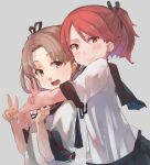  2girls :d akicosmossakasa ayanami_(kantai_collection) black_ribbon black_skirt blush brown_eyes brown_hair grey_background hair_ribbon highres hug hug_from_behind kantai_collection long_hair looking_at_viewer multiple_girls open_mouth ponytail remodel_(kantai_collection) ribbon school_uniform serafuku shikinami_(kantai_collection) side_ponytail simple_background skirt smile upper_body 